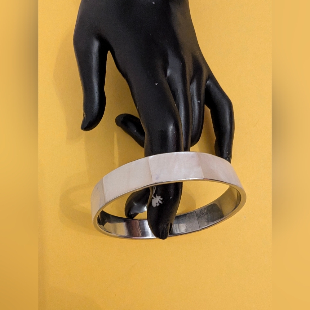 White Shell Inlay Silvertone Bracelet/ Bangle.